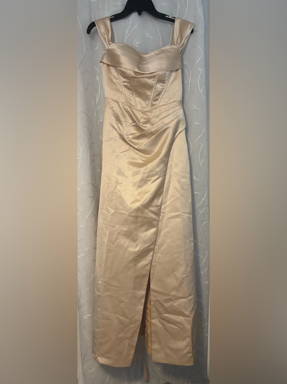 Satin Off the shoulders Maxi Dress in Cream with Structured Bodice